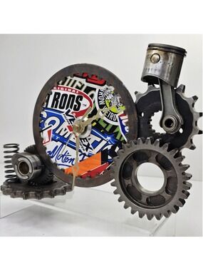 Handmade Welded Engine Parts Gear Clock Folk Art Motorcycle Racing